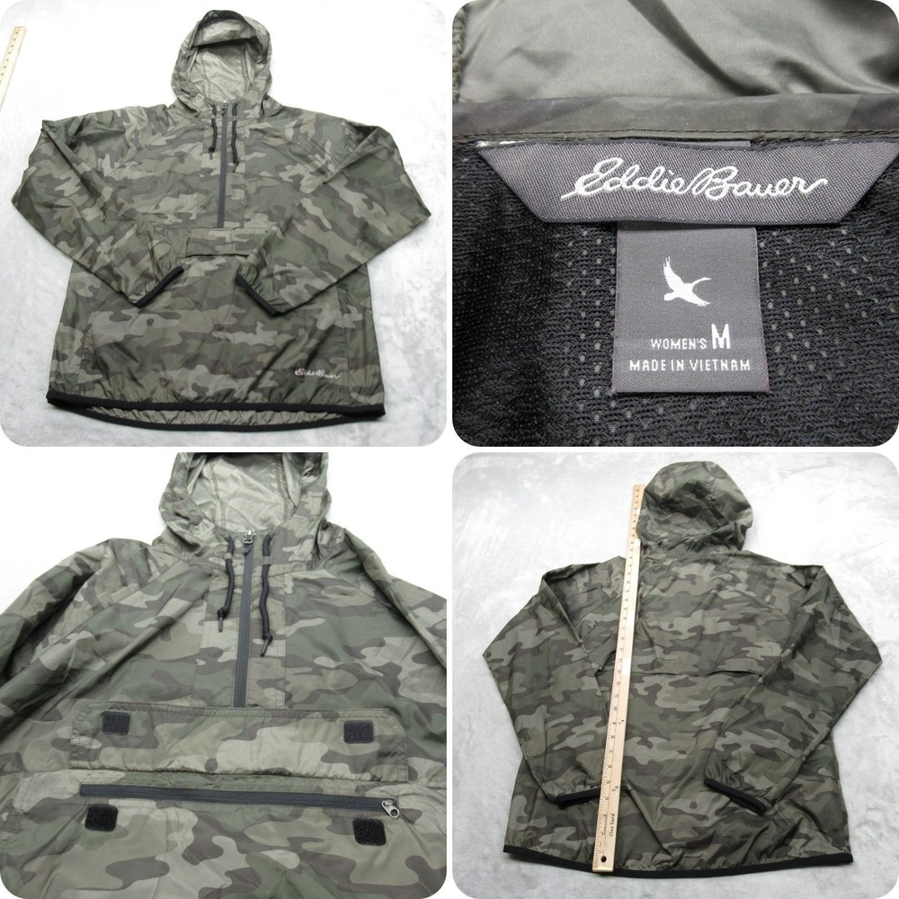 Eddie Bauer Jacket Women Medium Green Camo Lightweight Packable 1/2 Zip Anorak